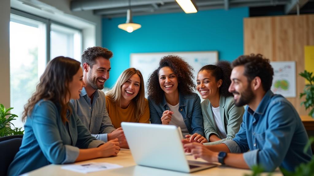 Pulsebound Productions team members smiling and collaborating in a vibrant, open-plan office setting.