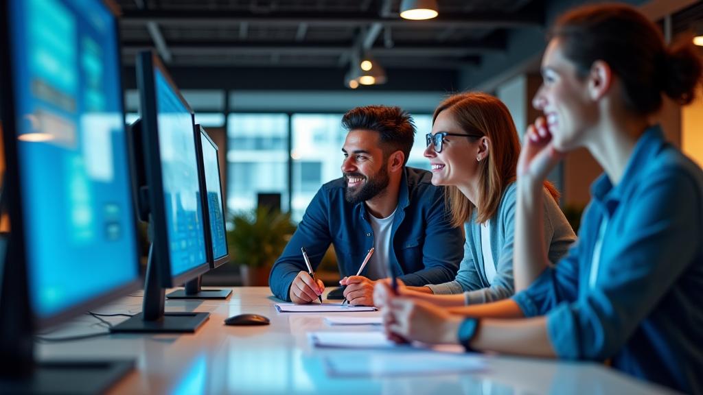 Diverse Pulsebound Productions team collaborating in a modern event planning office, embodying a vibrant company culture