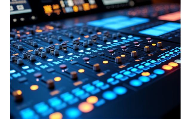 Close-up of a high-end digital audio mixing console with illuminated faders and monitors, in a professional studio environment.