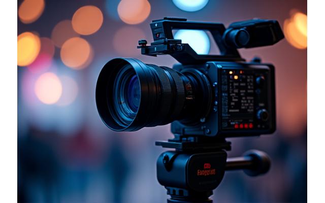 High-definition professional broadcast camera on a tripod in a studio setting, with blurred background lights.