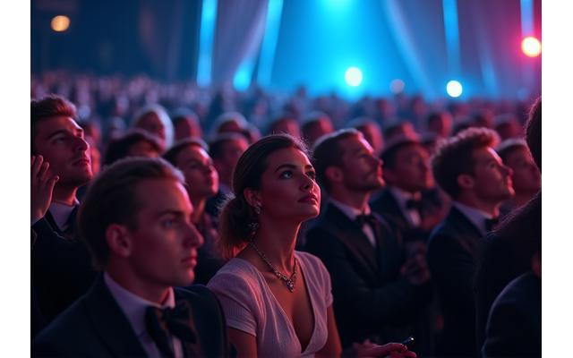 A wide shot of a large, captivated audience at a sophisticated award show, with professional lighting creating an immersive atmosphere.
