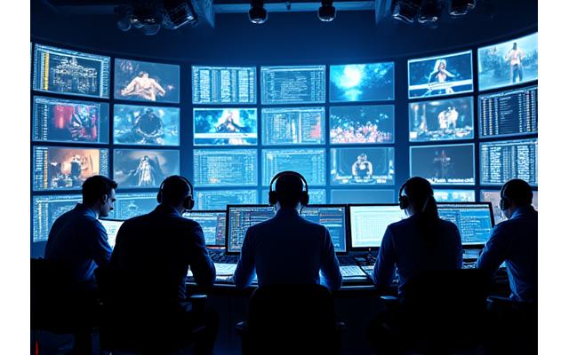 Behind-the-scenes view of an award show production control room with multiple engineers and monitors, showcasing intense focus and complex setups.