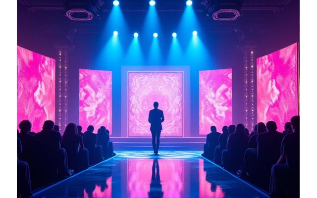 A dynamically lit stage during an award show, with performers under spotlights and large LED screens displaying abstract visuals.