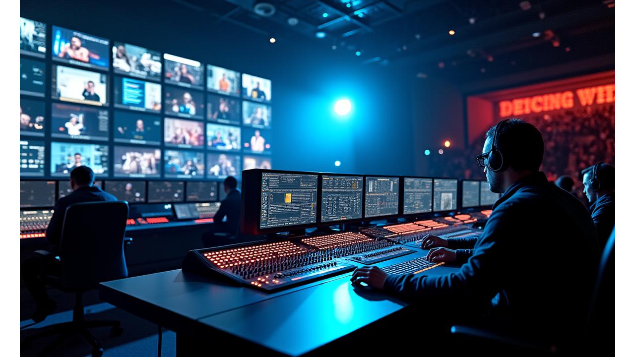 Dynamic shot of a live event control room with sleek audio mixing consoles, professional lighting boards, and multiple monitor feeds, showcasing high-tech equipment in action.