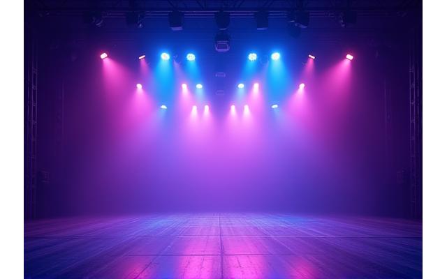 Dynamic stage lighting beams illuminating an empty stage, with vibrant colors and fog effects.