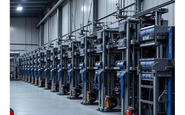 Various rigging equipment, cables, and power distribution units neatly arranged in a warehouse or staging area.