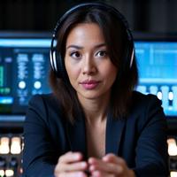 A professional audio engineer at a large sound mixing board with studio monitors in a live event setting.