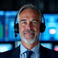 A focused technical director in a control room, wearing a headset, looking at multiple monitors with intense concentration.