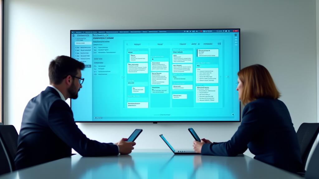 Team members collaborating on a large digital screen with event planning software