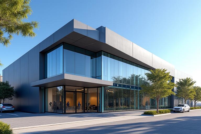 Modern office building exterior with Pulsebound Productions signage