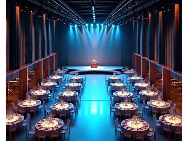 3D rendering of an event venue layout with seating arrangements and stage design