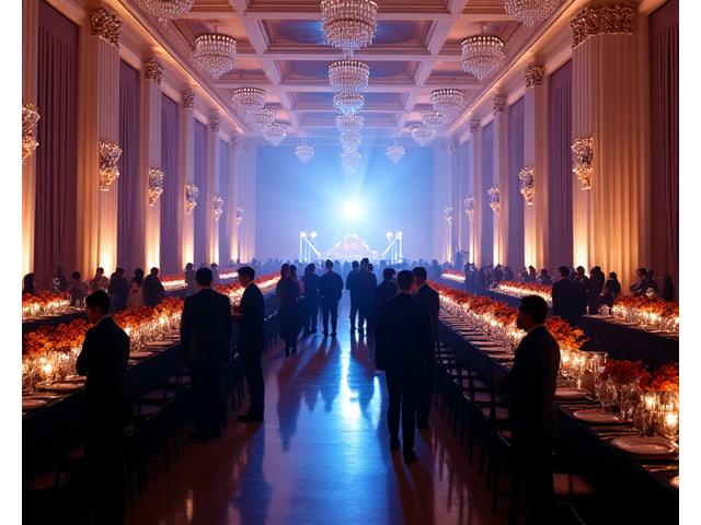 Elegant corporate gala event in full swing, with executives networking and a sophisticated lighting design