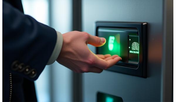 A close-up of a hand on a biometric scanner at a secure event entrance.