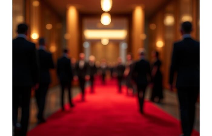 A tastefully blurred photo of a red carpet event entrance with discreet security presence, emphasizing VIP protection and privacy.
