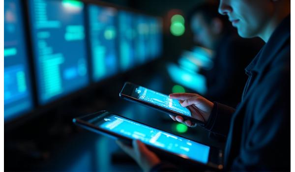 Team members using secure communication devices in a control room, with encrypted signals visualized.