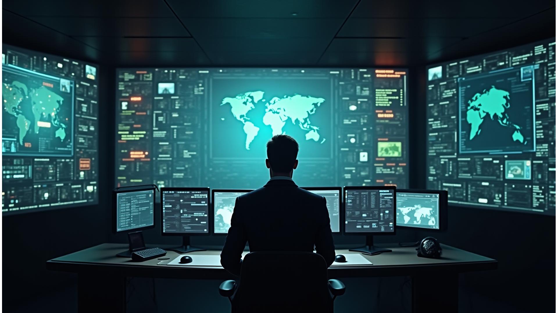 Panoramic view of a security command center with multiple glowing screens and a vigilant, discreetly positioned security professional in silhouette, conveying advanced event security and vigilant oversight.