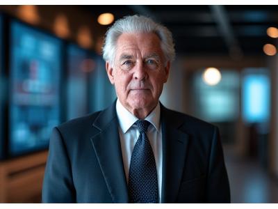Portrait of a poised, experienced former law enforcement officer in a sharp suit, conveying authority and calm.