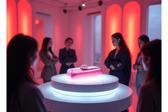 A dynamic and stylish scene from an exclusive product launch event, with influencers engaging with a new luxury product in an artfully designed space.