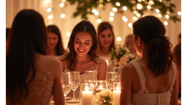 A beautifully decorated intimate wedding reception with soft floral arrangements, warm lighting, and joyful guests mingling.