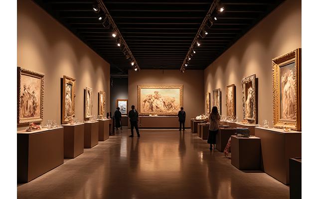 A sophisticated cultural venue, like a museum gallery after hours, lit dramatically for a private event, showcasing art.