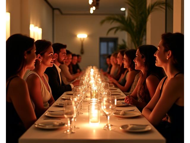 Guest enjoying an intimate corporate dinner in a modern, creatively lit Los Angeles venue, showcasing bespoke event design and warm ambiance.
