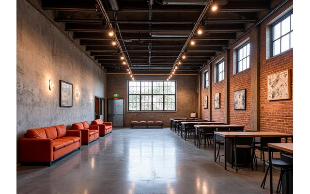 An industrial-chic converted warehouse space with high ceilings, exposed beams, and modern decor, set up for a dynamic event.