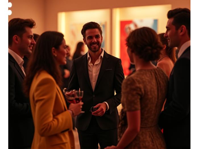 Diverse group of high-profile influencers and a celebrity mingling gracefully at an exclusive, upscale Los Angeles event, showcasing genuine interaction.