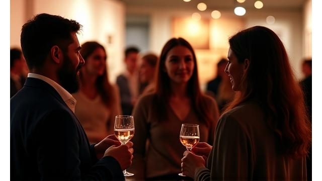 Professionals in a chic, softly lit networking event space, engaged in animated discussions over drinks and appetizers.