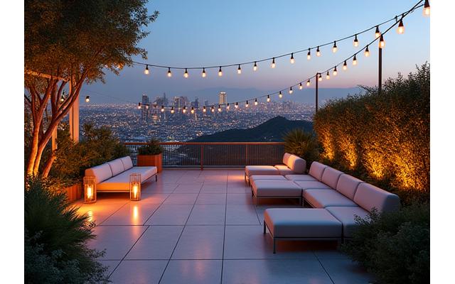 A serene outdoor space, possibly a private rooftop garden overlooking the city lights or a secluded beach, suitable for exclusive events.