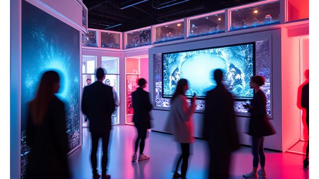 Vibrant, futuristic pop-up store with neon lights and interactive digital displays, drawing a crowd with an exciting new product launch.