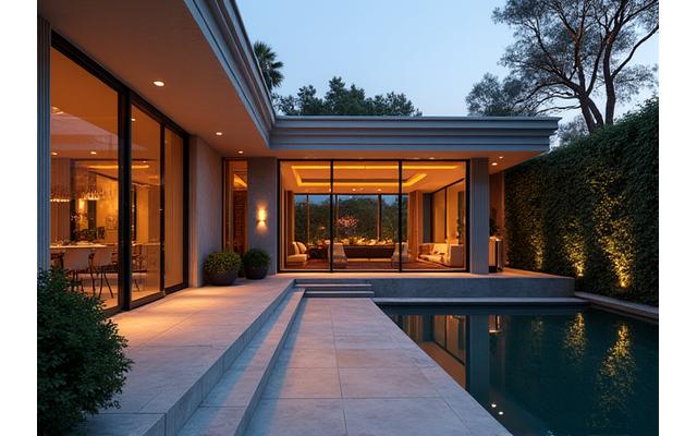 Elegant private residence, possibly a meticulously designed modern mansion with a scenic view, adorned for an intimate gathering.