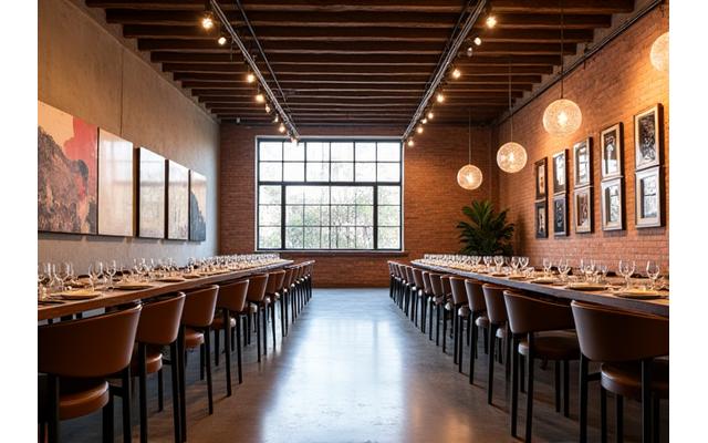A unique, artistic venue, perhaps an old warehouse converted into a gallery with exposed brick and modern art installations, ready for an event.