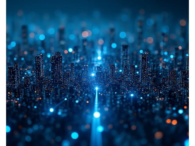 Complex neural network or cityscape of interconnected, glowing data points representing sophisticated digital security operations and encryption.