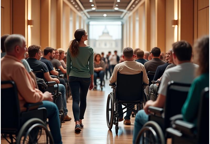 Diverse group of people smiling and interacting at an event, including individuals using wheelchairs and a sign language interpreter, set in a modern, accessible event space, soft lighting.
