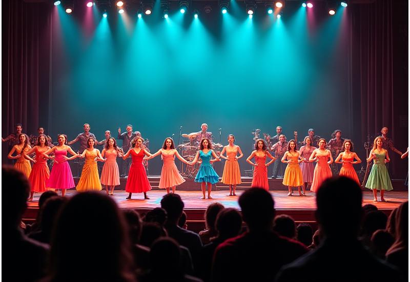 A vibrant stage performance with dancers in diverse cultural costumes, illuminated by dynamic stage lighting, embodying celebration and inclusivity. Audience members are blurred in the foreground, indicating engagement.