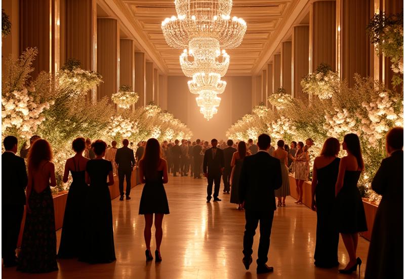 Elegant evening gala with guests dressed in formal attire, featuring sustainable floral arrangements and low-energy LED lighting, showcasing a sophisticated yet eco-conscious atmosphere.