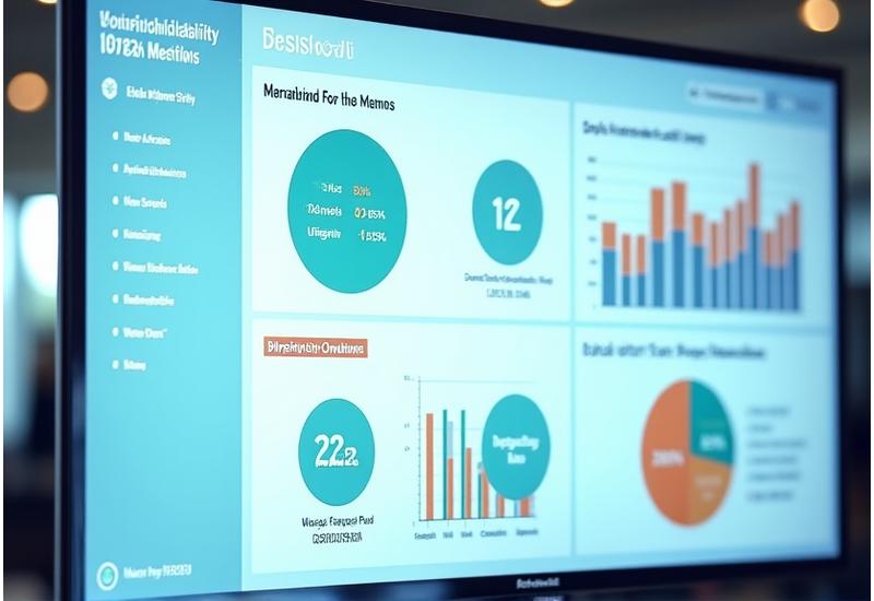 A vibrant, modern digital dashboard displaying event sustainability metrics: 'Carbon Footprint Reduction' with a declining graph, 'Waste Diversion Rate' with a high percentage, and 'Diversity & Inclusion' with various demographic charts. Clean UI with blue, green, and orange.
