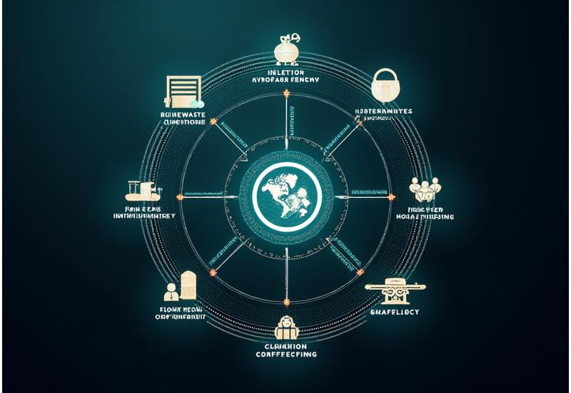 Interactive wheel graphic illustrating interconnected sustainable event practices like circular economy, renewable energy, and local sourcing, with vibrant green and blue hues.
