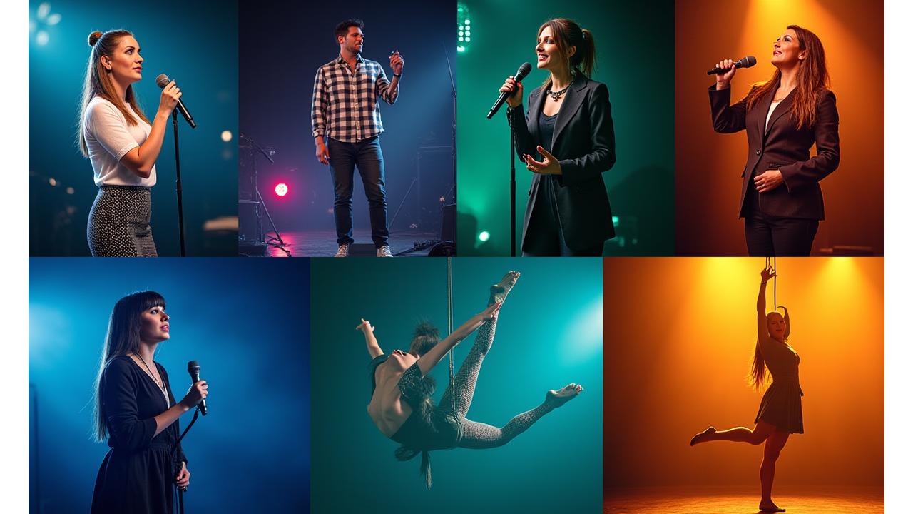 Mosaic of diverse performers: a singer, a comedian, a motivational speaker, and an aerialist, symbolizing a wide range of entertainment options.