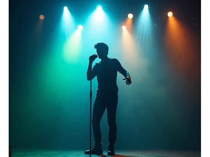 Dynamic silhouette of a stage performer bathed in spotlights, representing world-class event entertainment.