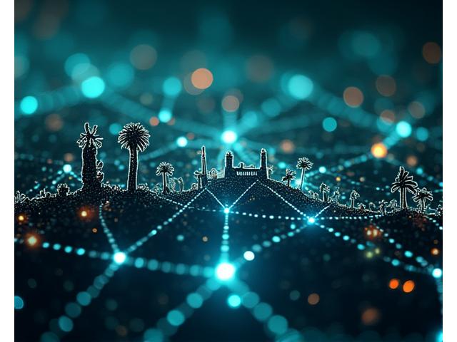 Abstract network of glowing lines connecting iconic Hollywood landmarks and diverse talent silhouettes, conveying exclusive industry connections and reach.