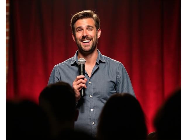 A stand-up comedian performing on stage, eliciting laughter from the audience.