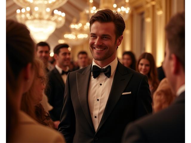 Celebrity host engaging with guests at a glamorous charity gala, surrounded by elegant decor.