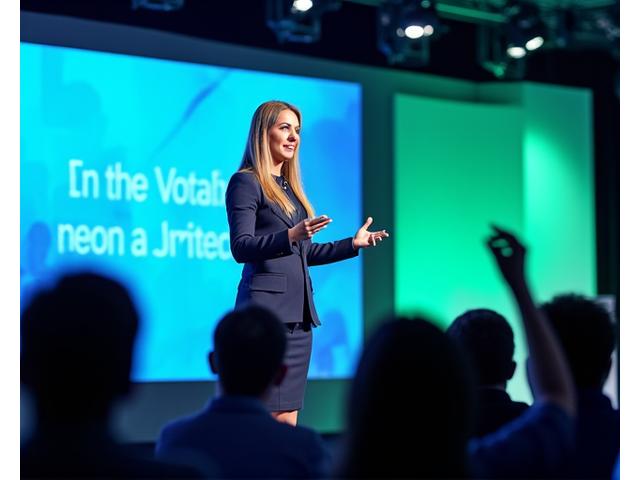 Thought leader captivating an audience at a corporate conference, displaying high-energy engagement.