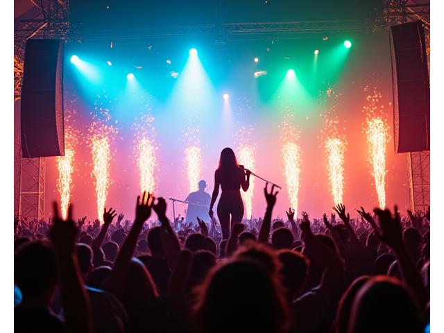 A dynamic rock band hyping up a large festival crowd with vibrant stage lighting and confetti.