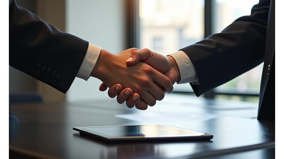 Two hands shaking over a document, symbolizing consensus and agreement after a successful resolution process.