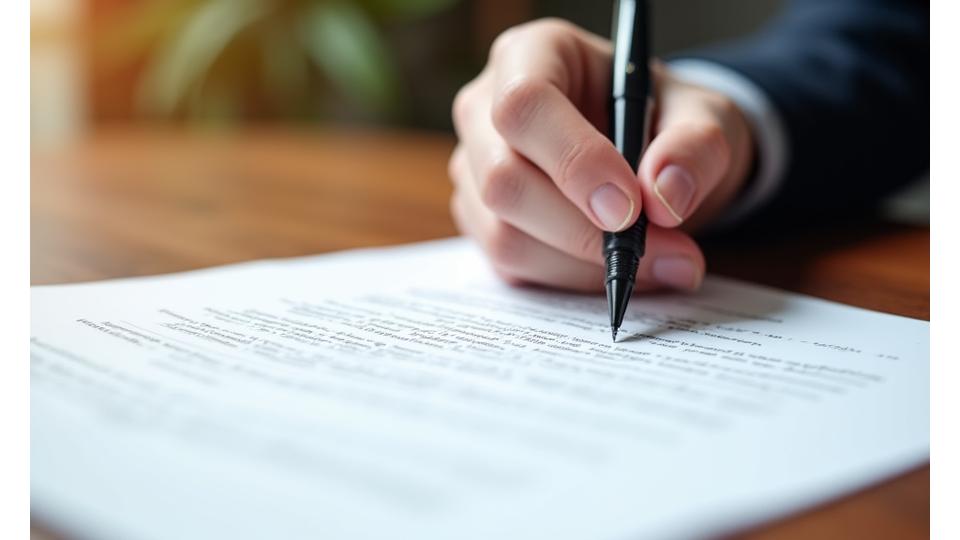 Close-up of a hand signing a legal document with a pen, embodying agreement and formal understanding.