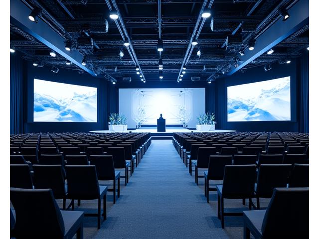 Modern conference center ballroom set up for a corporate event with multiple screens