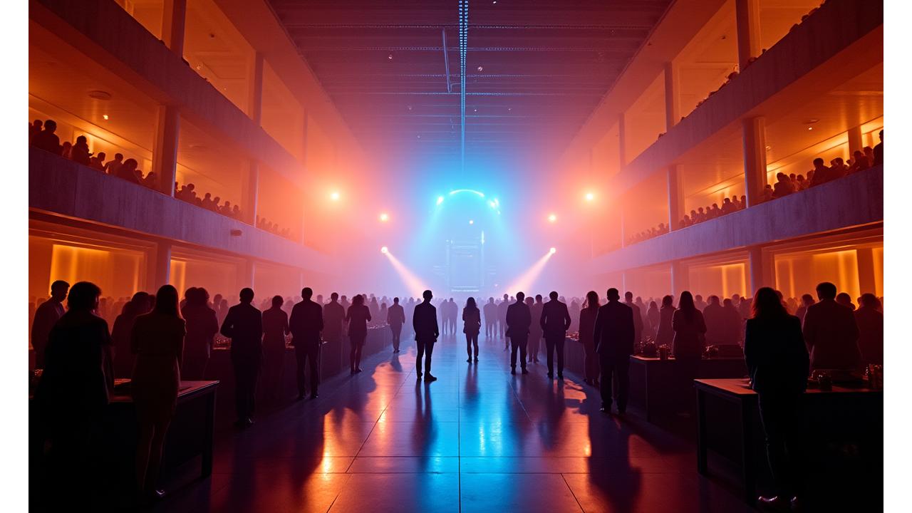 Spacious, modern event hall with colorful lighting and a stage, ready for an event