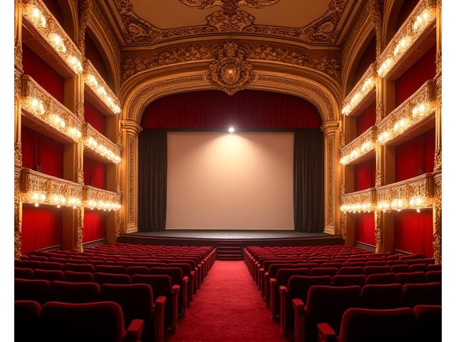 Grand historic theater interior with ornate details and a large stage